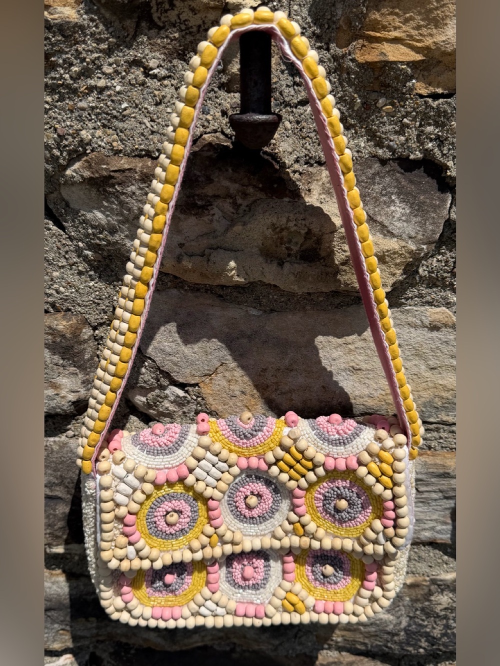 Handcrafted Pink, Yellow & Cream Beaded Shoulder Bag purse TJ Maxx